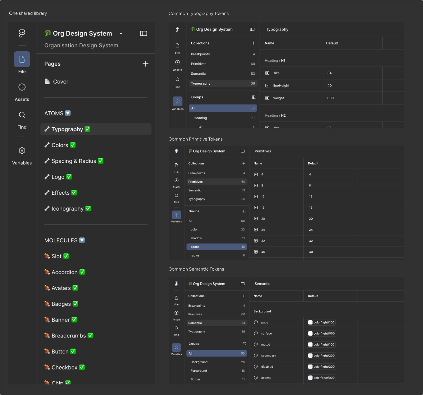 One shared library — typography, primitive, and semantic tokens in the Org Design System